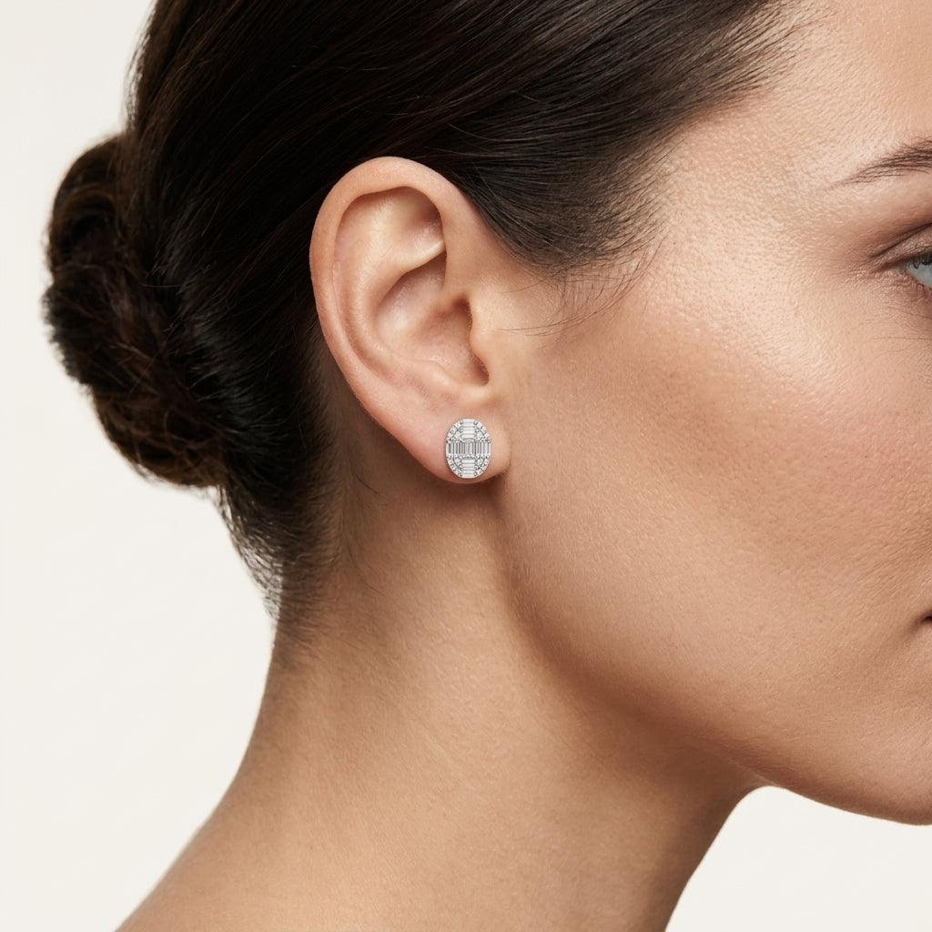 Baguette Diamond Oval Cluster Stud Earrings