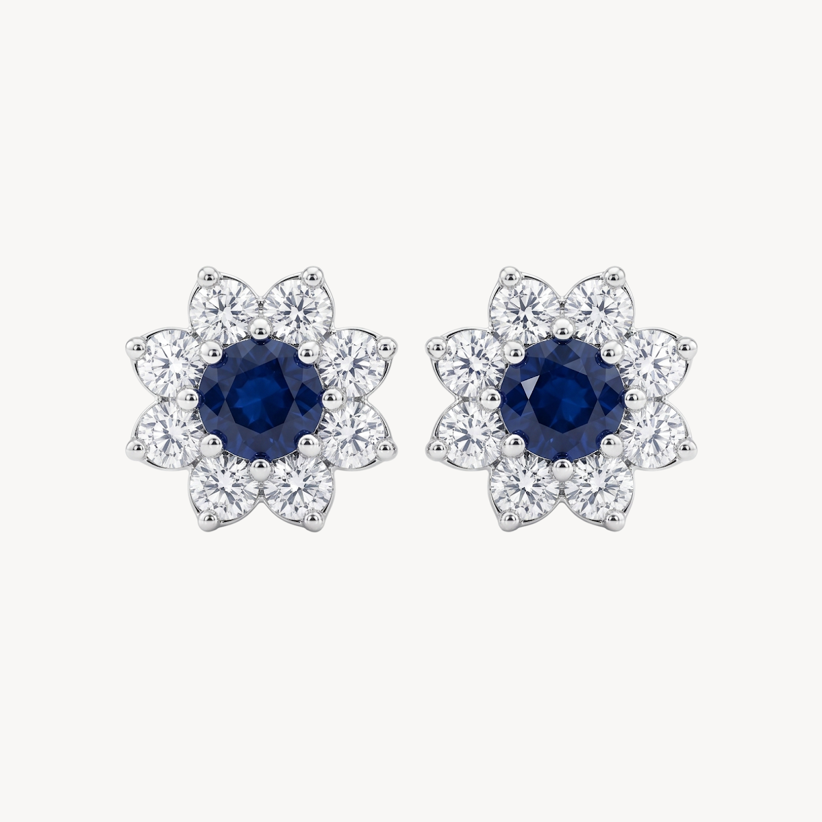 Blue Sapphire Diamond Flower Cluster Stud Earrings