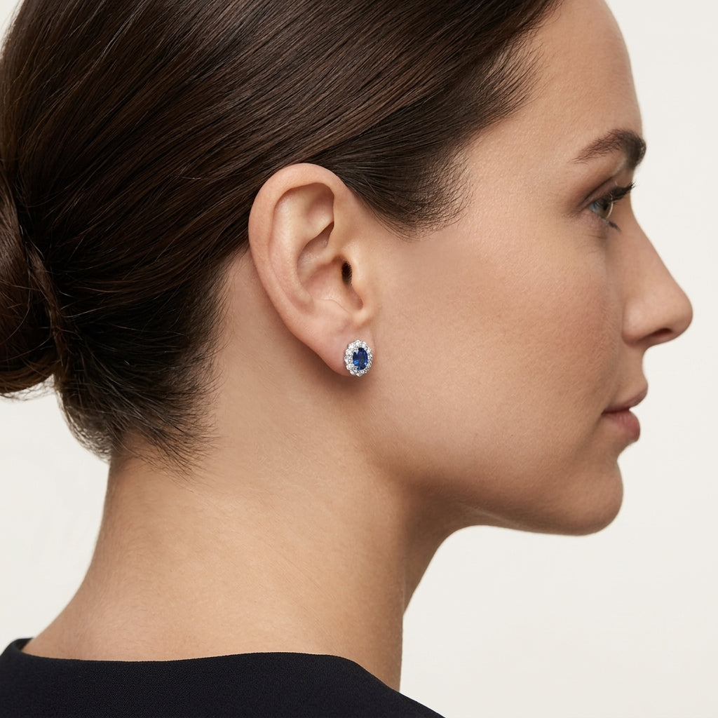 Oval Blue Sapphire Diamond Halo Stud Earrings