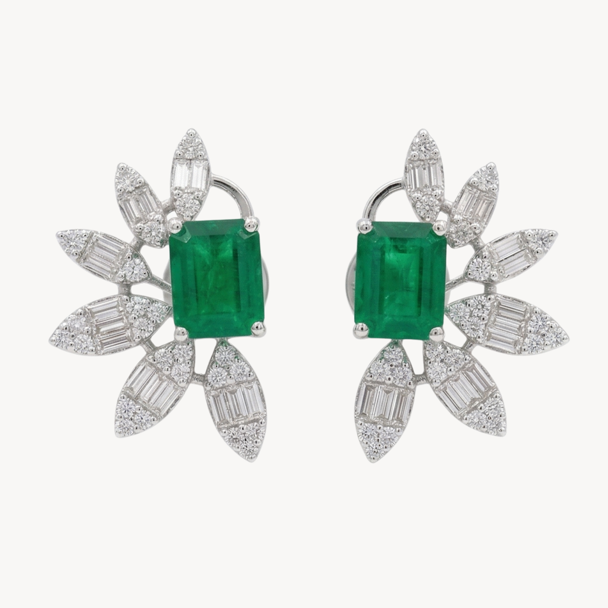 Emerald Cut Emerald Diamond Flower Starburst Earrings