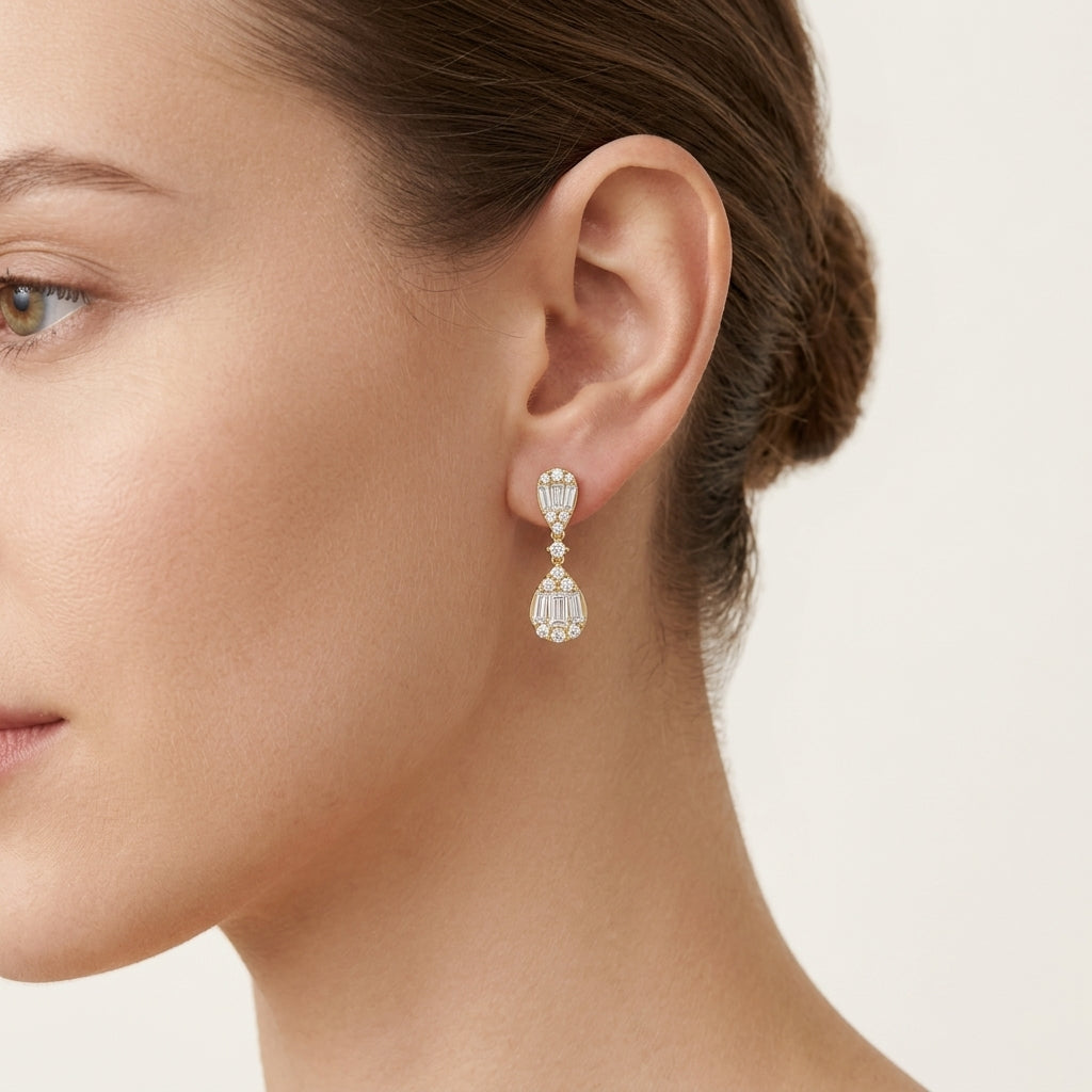 Baguette Diamond Double Teardrop Drop Earrings