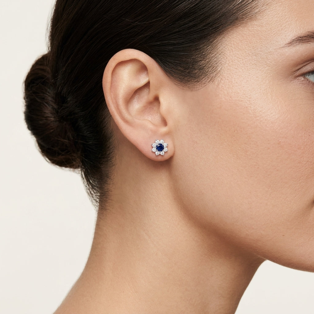 Blue Sapphire Diamond Flower Cluster Stud Earrings