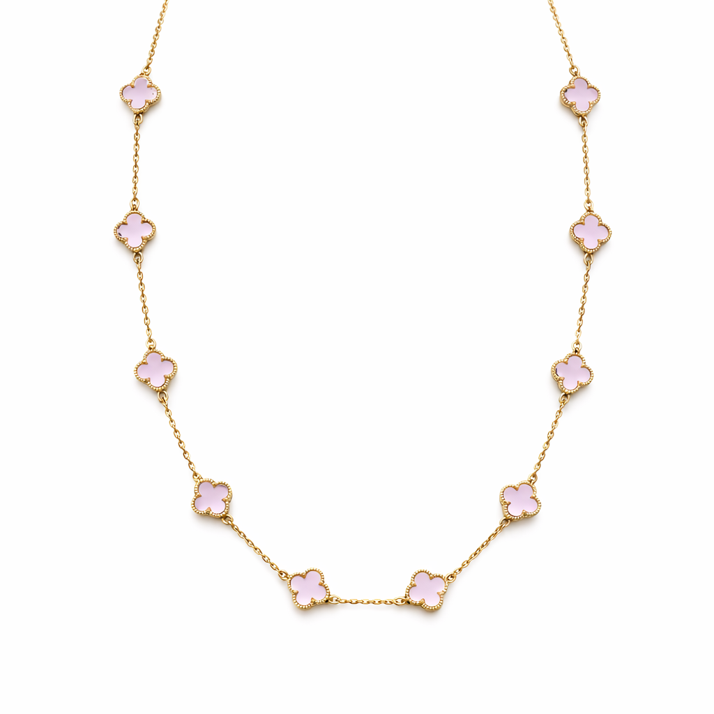 10K Gold eleven pink flowers necklace