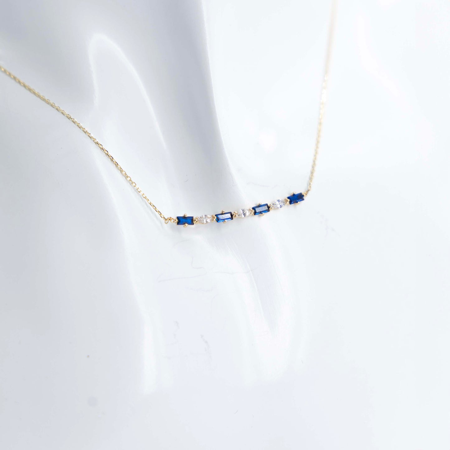 14K Gold Elegant Chain with Blue Gemstone and Crystal Accent