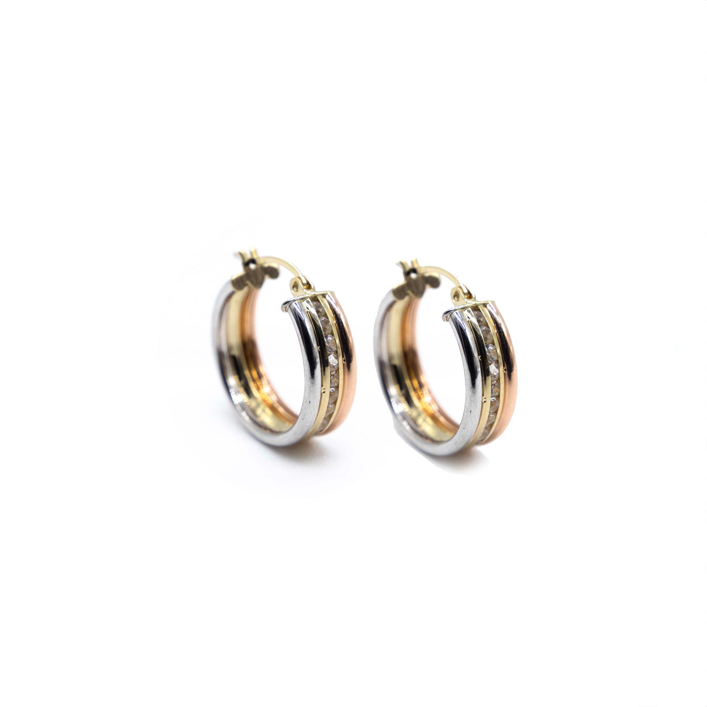 10K Gold Three-Tone Hoop Earrings with Diamond Accents