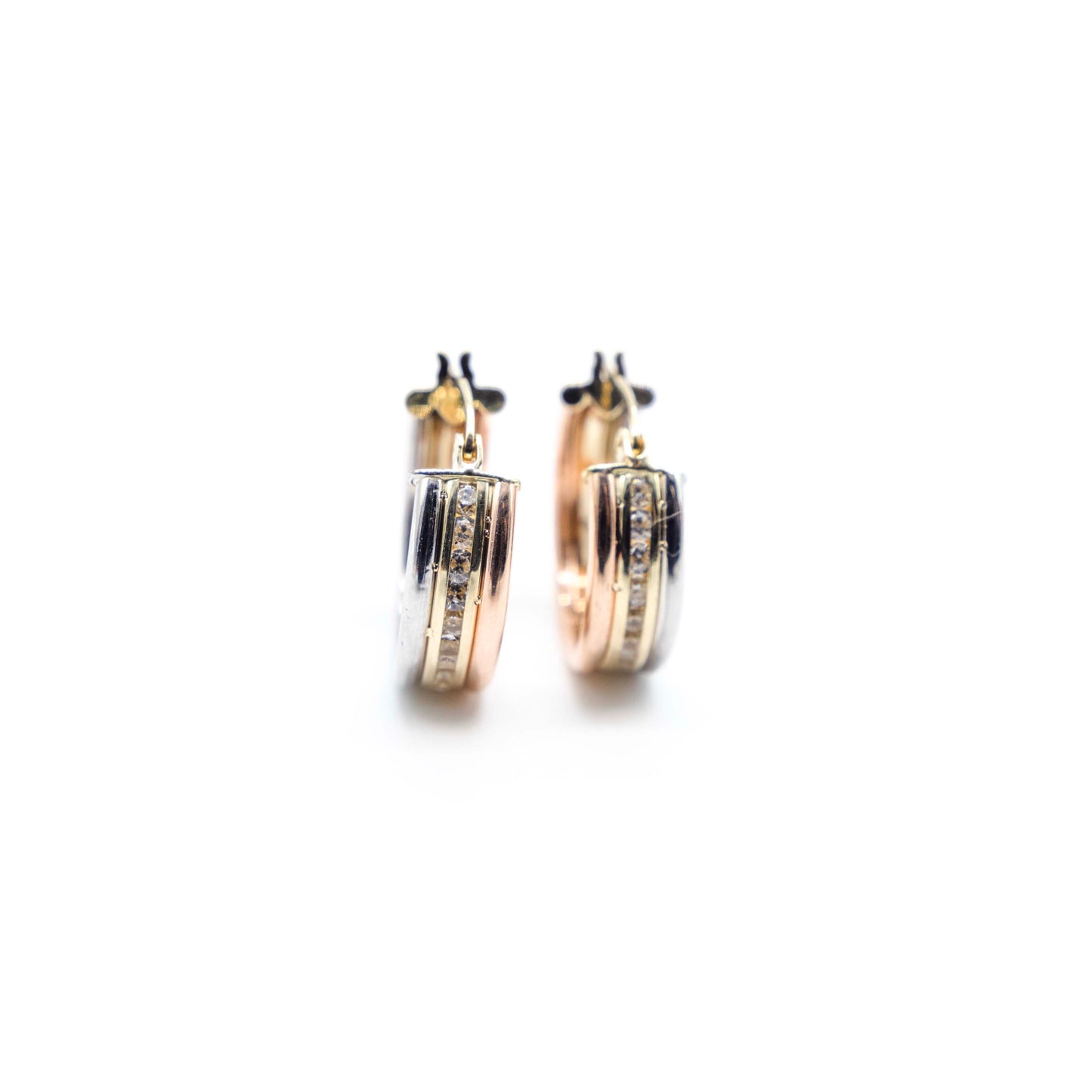 10K Gold Three-Tone Hoop Earrings with Diamond Accents