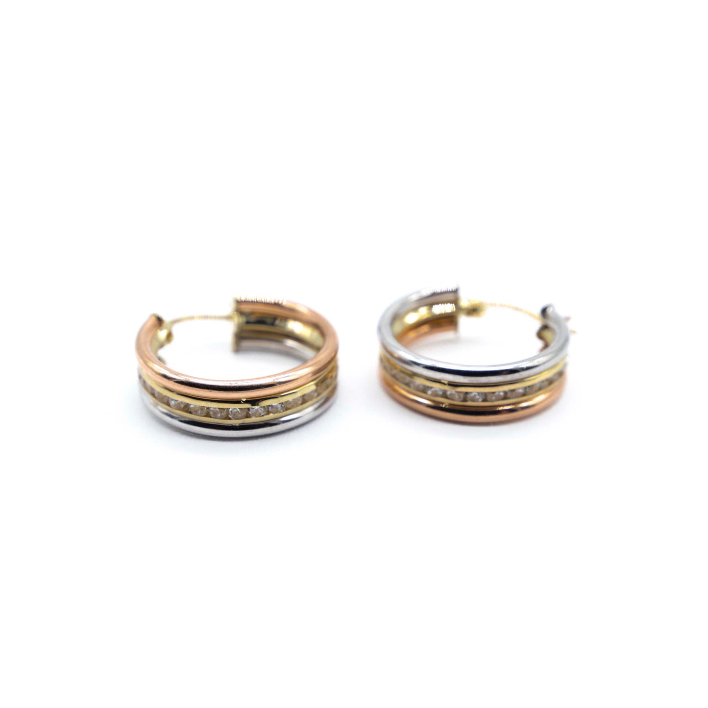 10K Gold Three-Tone Hoop Earrings with Diamond Accents