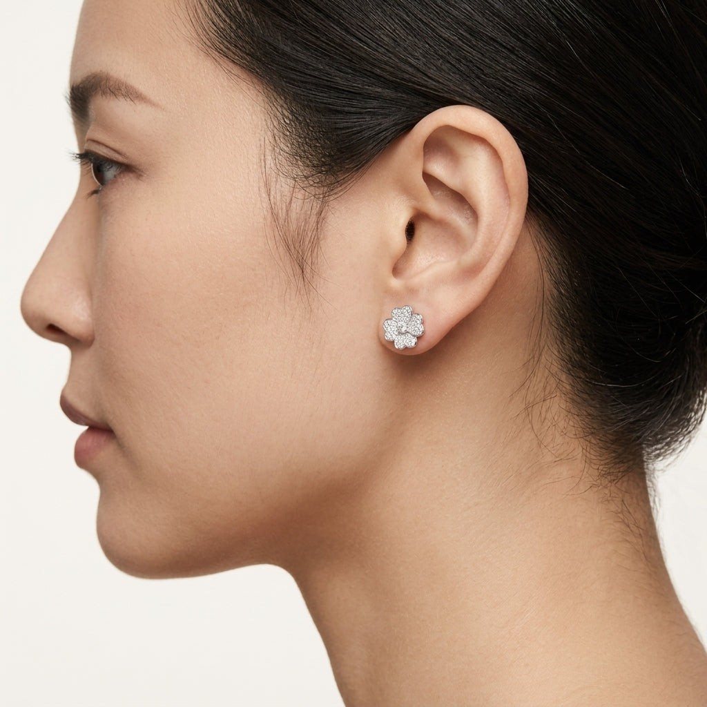 Diamond Pave Flower Stud Earrings
