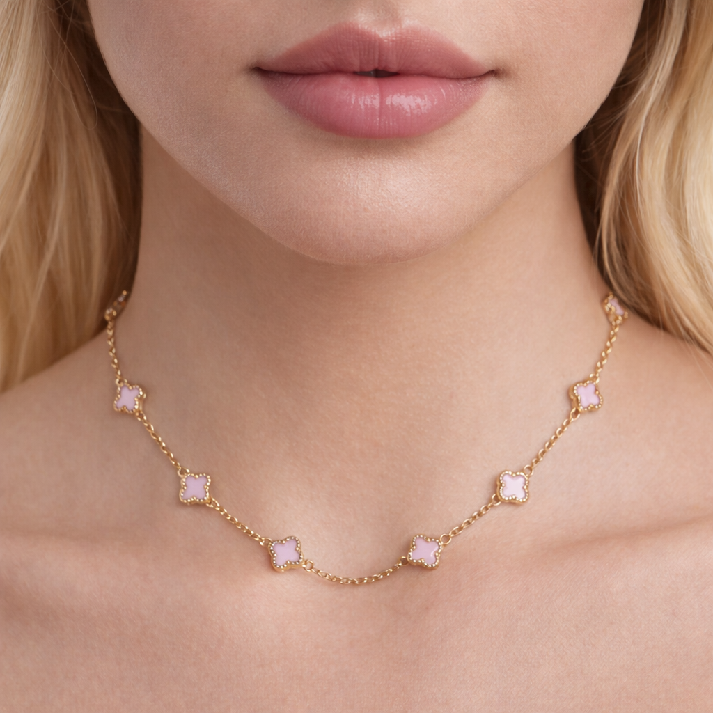 10K Gold eleven pink flowers necklace