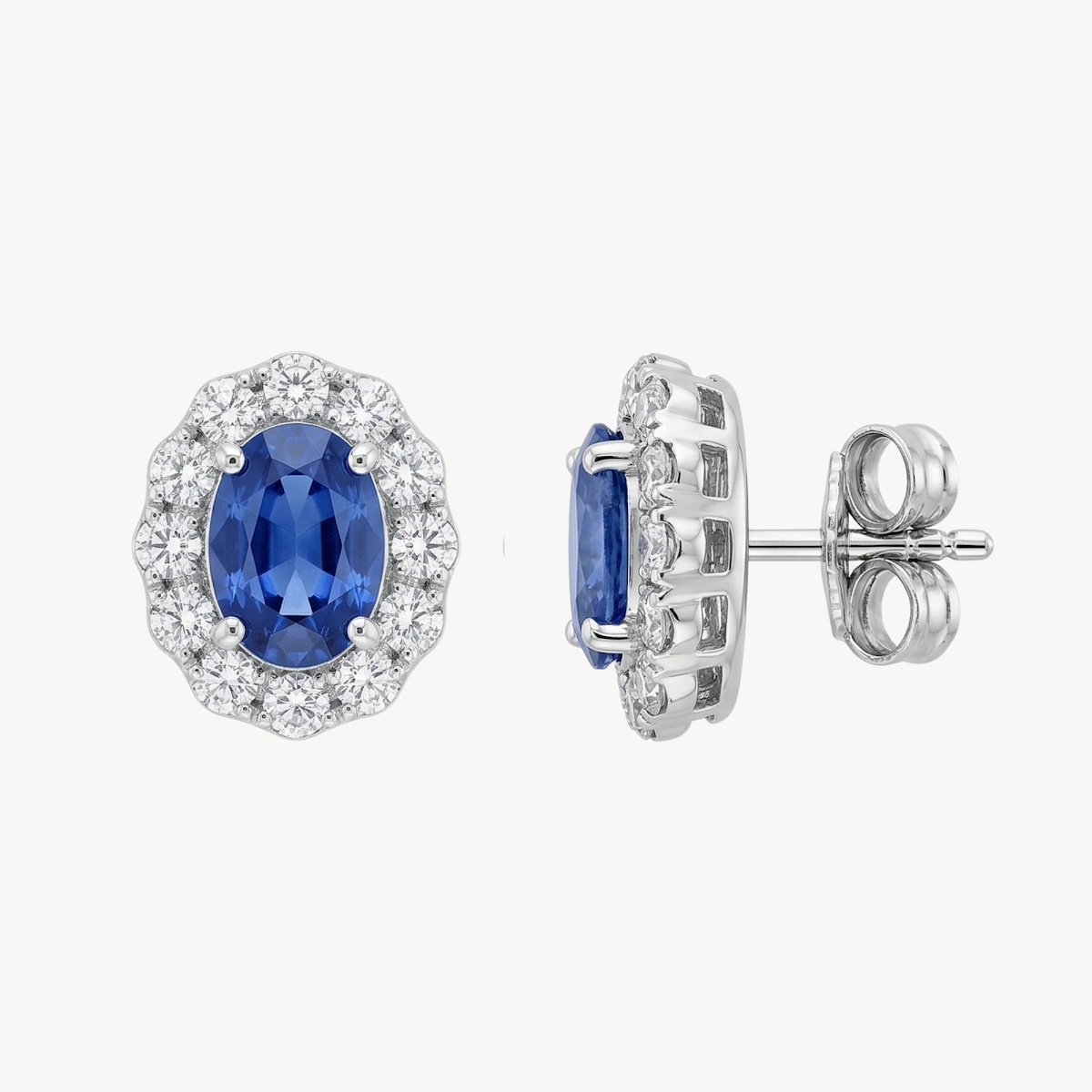 Oval Blue Sapphire Diamond Halo Stud Earrings